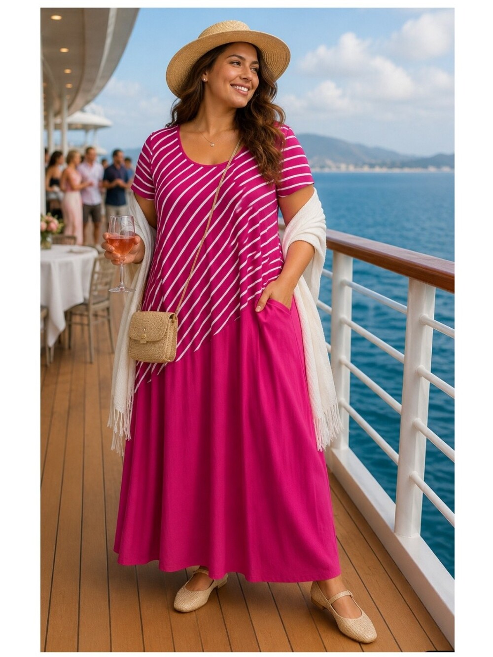 Woman Within 1X Hot Pink Stripe  Asymmetrical Flowy Maxi Dress Overlaid